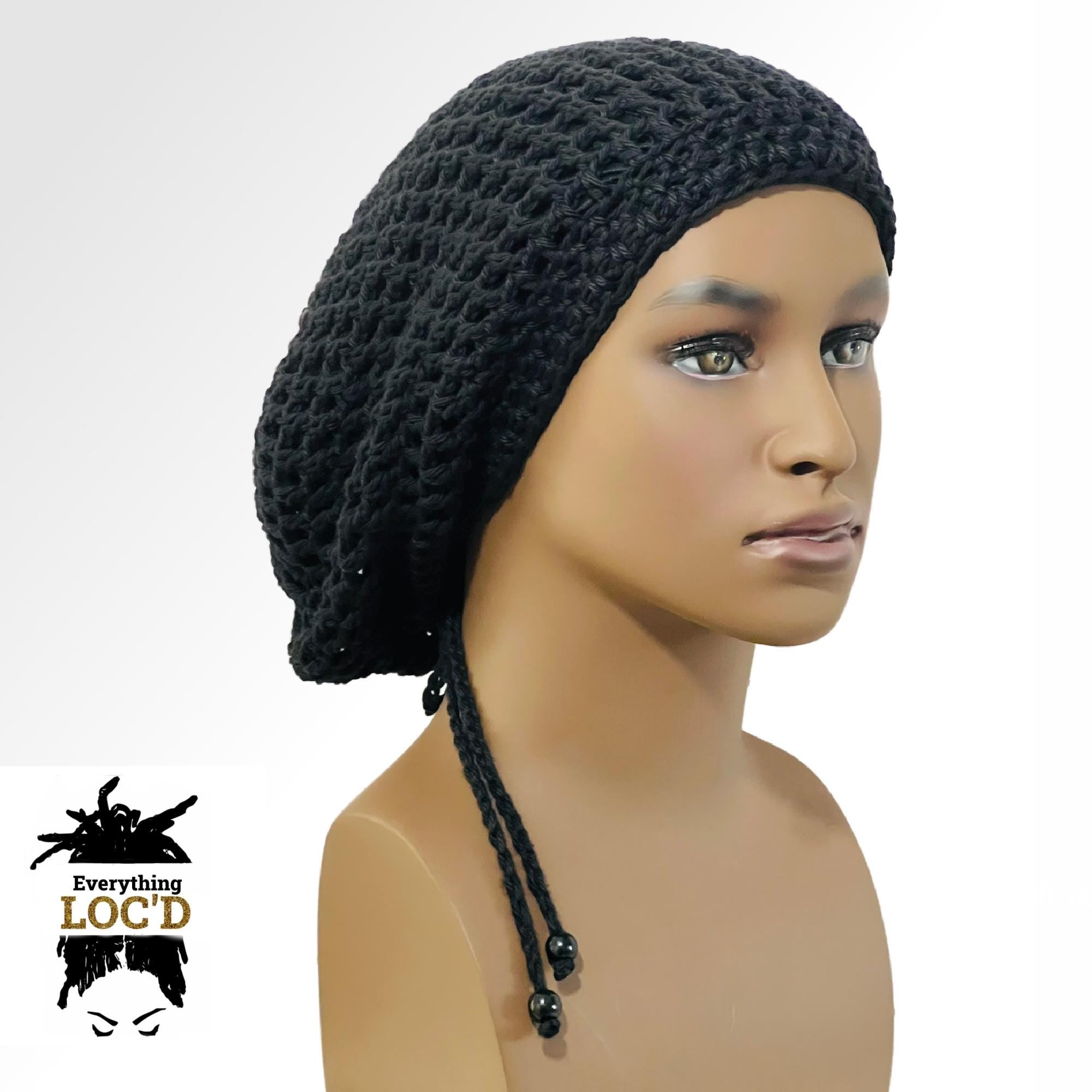 Crochet Oversized Black Cotton Men Rasta Tam for Dreadlocks, Slouchy Beanie, Gift for men or women, big hat with drawstring, Everything Locd