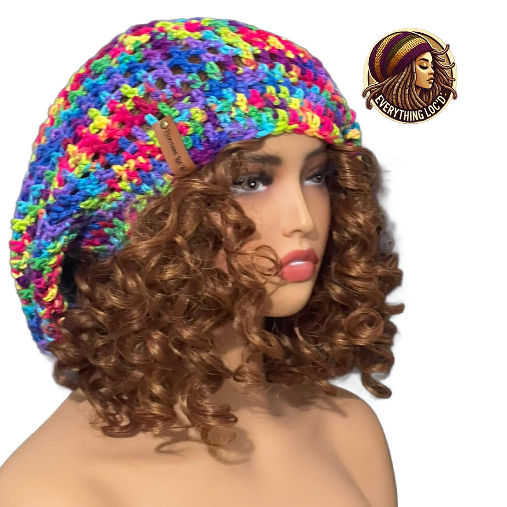 Crochet Slouchy hat with drawstring, Colorful Rasta Tam for dreads, Adult Colorful Beanie, Everything Locd