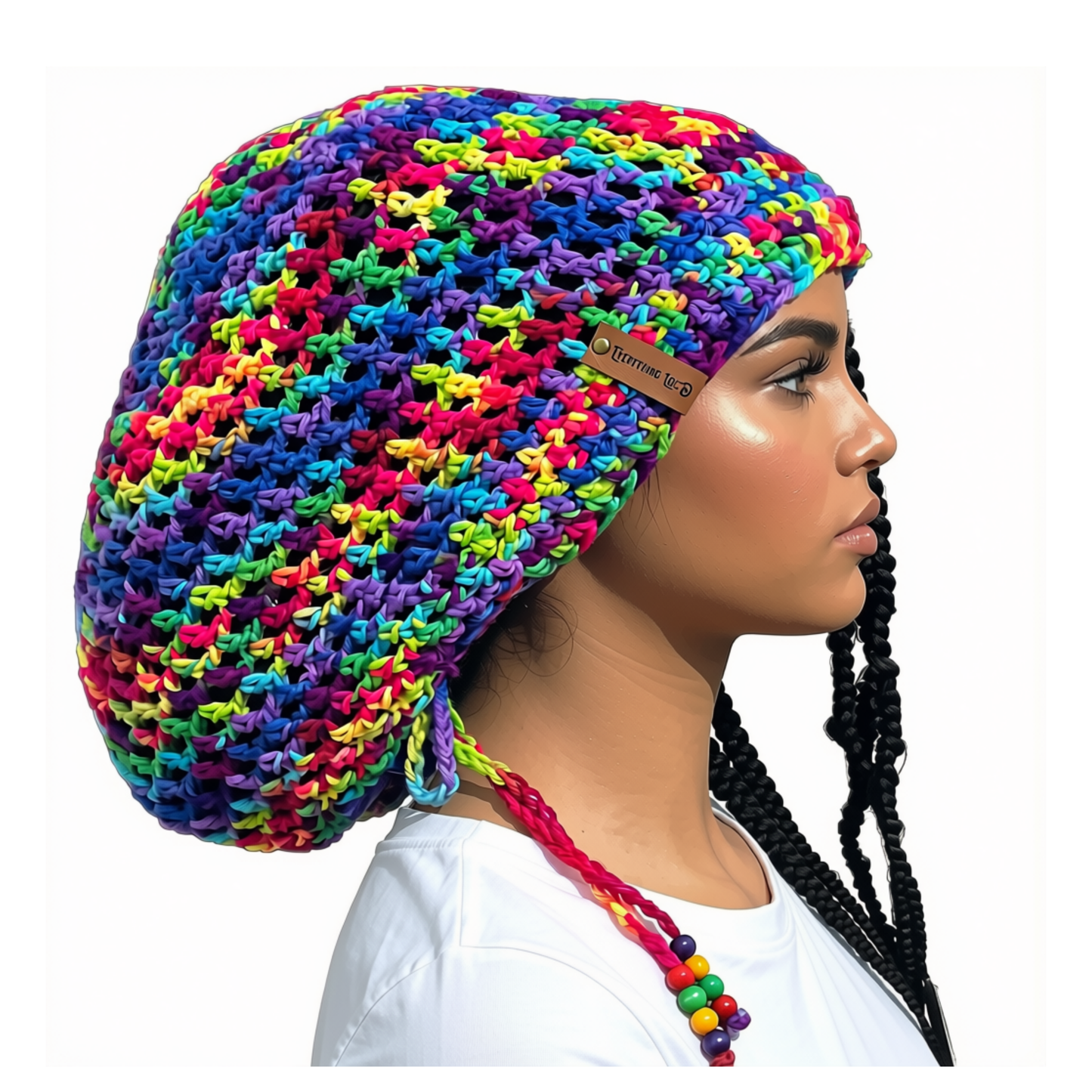 Crochet Slouchy hat with drawstring, Colorful Rasta Tam for dreads,