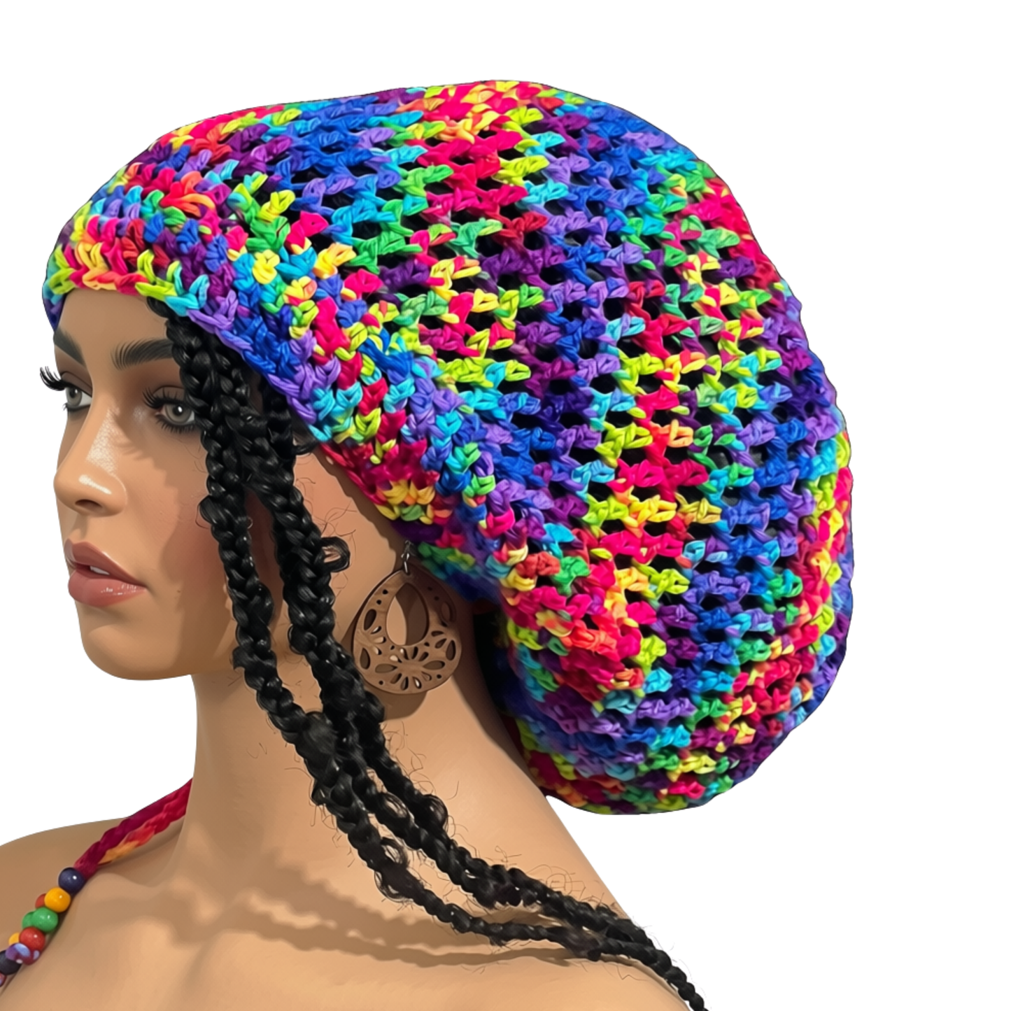 Crochet Slouchy hat with drawstring, Colorful Rasta Tam for dreads,